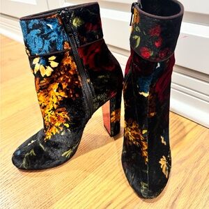 Christian Louboutin Black Velvet Floral Block Heel Ankle Boots